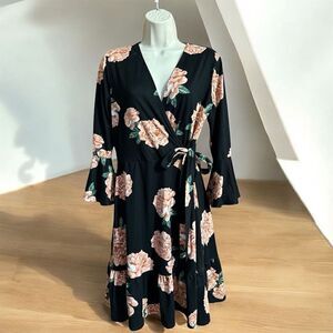 Alyx Women's Black Floral Faux Wrap Dress 3/4 Bell Sleeve Bow Tie Waist